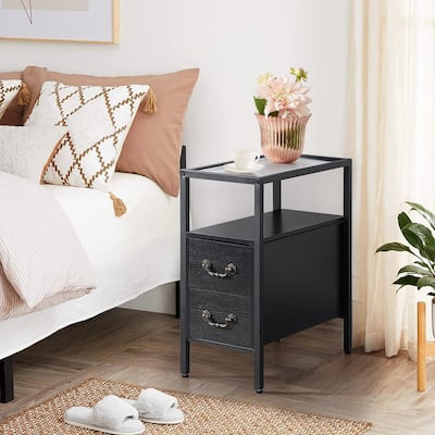 Industrial 2-Drawer Tempered Glass Narrow Nightstands /End Side Tables