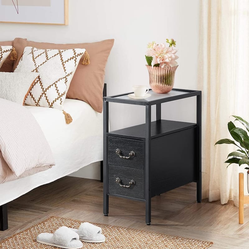 Industrial Tempered Glass Narrow Nightstands /End Side Tables with 2 Drawers(Set of 2)