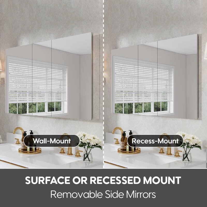 52"W X 30'H Bathroom Recessed or Surface Wall Mount Medicine Cabinet With Adjustable Glass Shelves