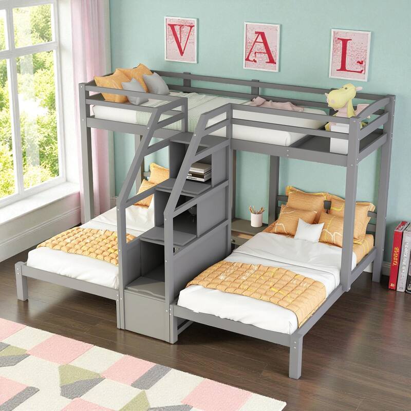 Twin over Twin & Twin Triple Bunk Bed with Built-in Staircase, Storage Drawers, Pine Wood Frame, Space-Saving Design