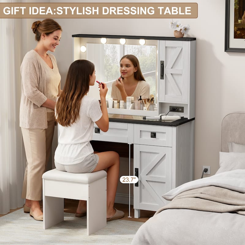 39.3" Farmhouse Makeup Vanity Desk with Mirror and LED Lights, Rustic Vanity Table