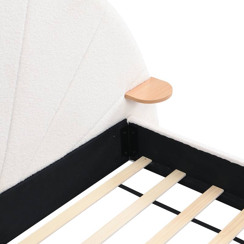 Unique Arched Boucle Grounding Bed Frame, Upholstered Platform Bed, Half Moon Shaped Headboard with 2 Small Table