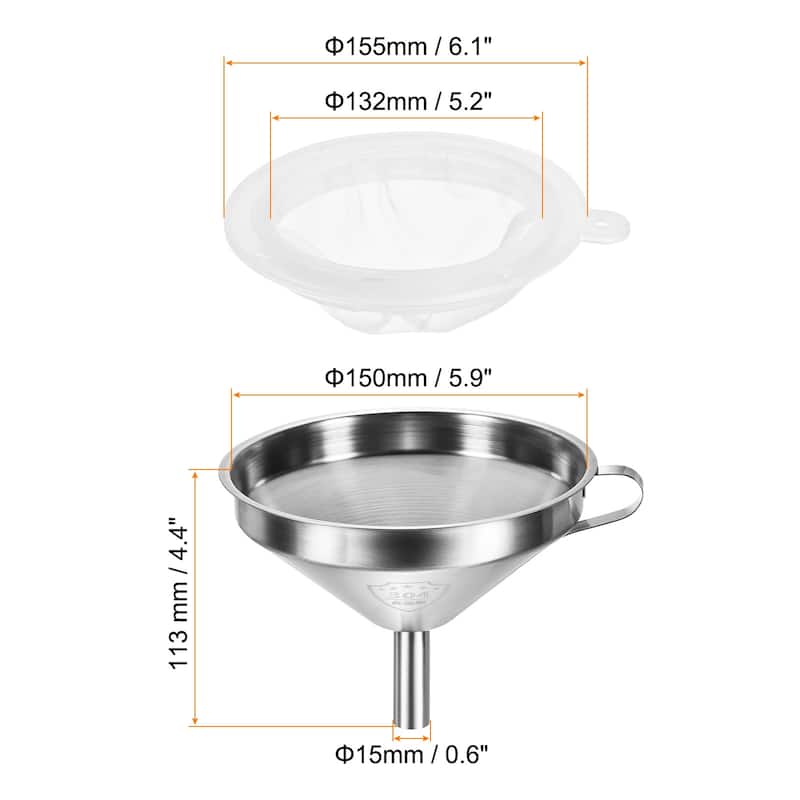 5.9" Dia Stainless Steel Kitchen Funnel with 100 Mesh Strainer White Silver Tone - White, Silver Tone - White, Silver Tone