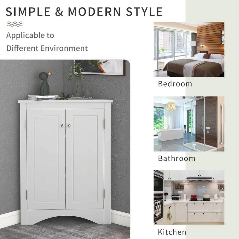 Roomfitters Triangle Corner Bathroom Cabinet, Modern MDF Floor Storage Organizer with Adjustable Shelves & Metal Knobs