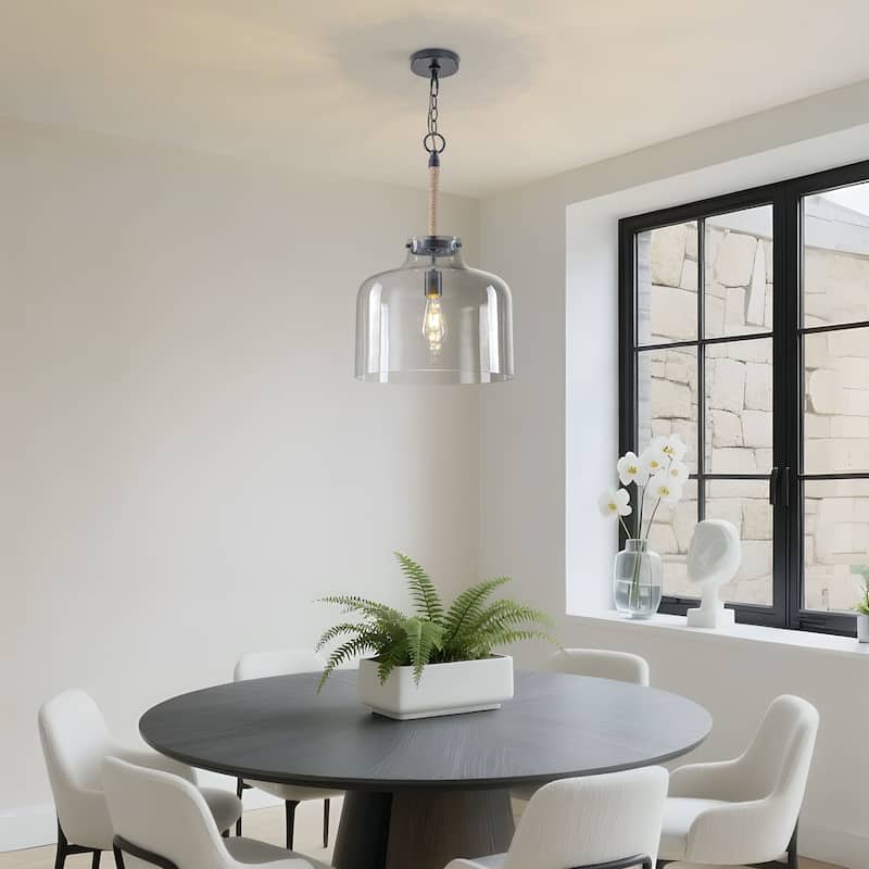 Starsky 1-Light Clear Glass Bell Jar / Cloche Pendant With Rope Accent