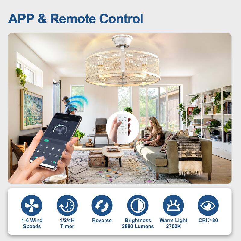 20-26" Caged outdoor Ceiling Fan with Light: Remote App Control-Farmhouse Fandelier Flush Mount Fixture Reversible 6 Speed Timer