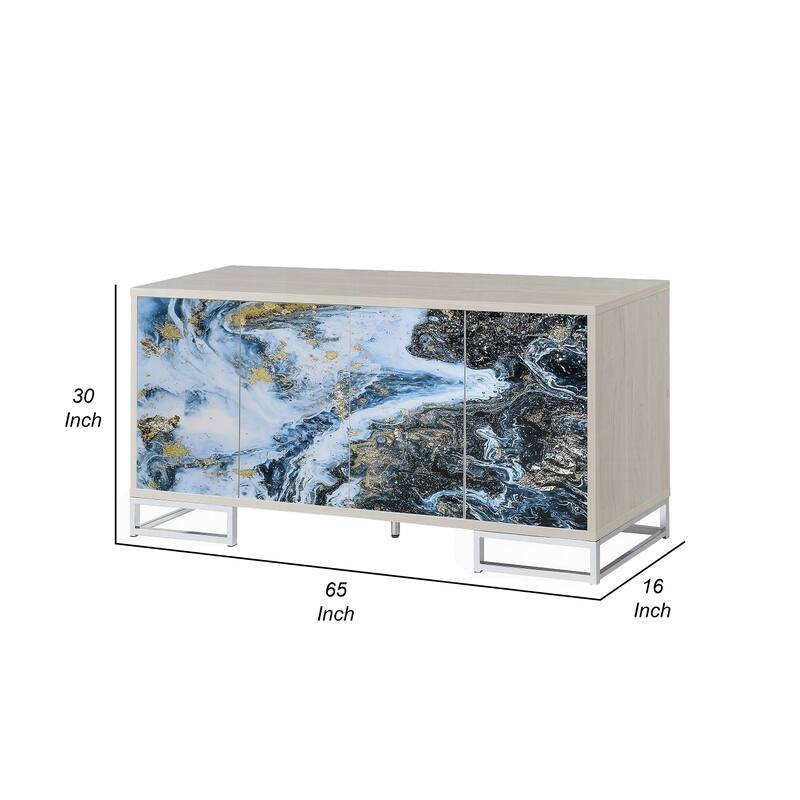 Sideboard Console Cabinet, 4 Door, 65 Inch Blue Marble Paint, White