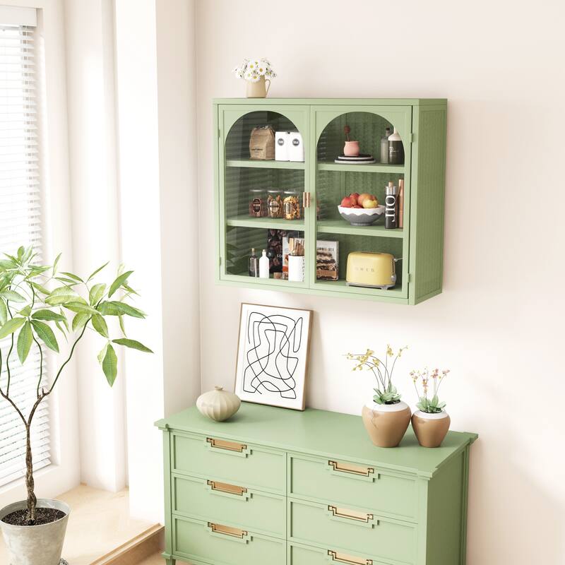 27.56"Glass 2-Doors Wall Cabinet with Featuring 3-tier Storage