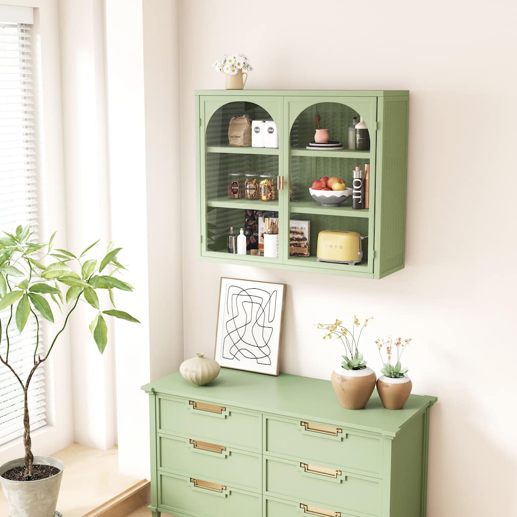 27.56"Glass 2-Doors Wall Cabinet with Featuring 3-tier Storage