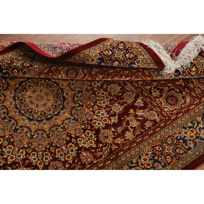Hand Knotted Oriental Silk Carpet Traditional Floral Red Qum Area Rug - 4' 10'' X 3' 3''