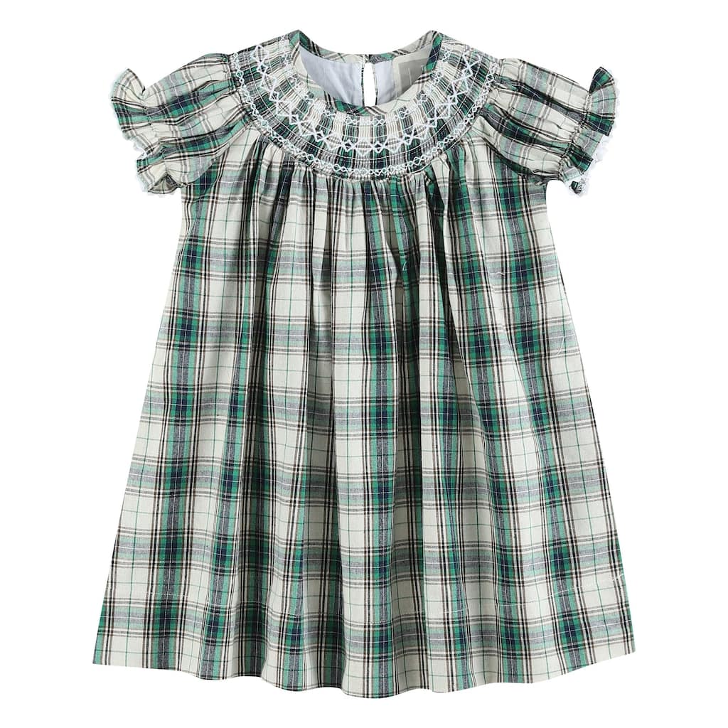 Lil Cactus Christmas Tartan Smocked Bishop Dress