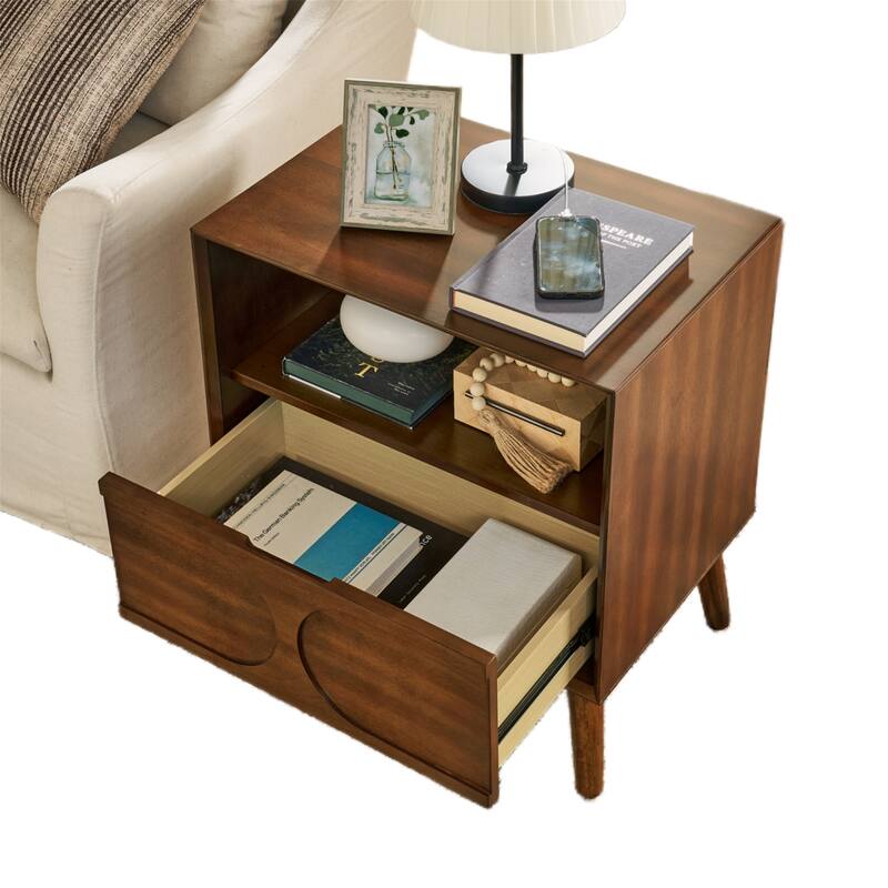 Fluted Nightstand with USB Ports, Outlet Hole and Solid Wood Legs