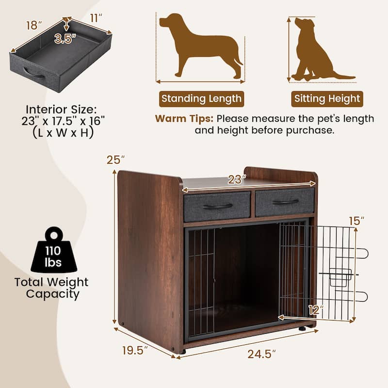 Indoor Dog Crate Furniture with Drawers Stylish End Table Cage - 24.5" L × 19.5" W × 25" H