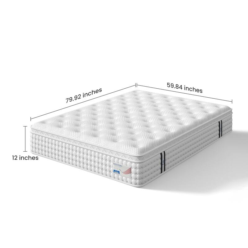 Roomfitters 12 Inch Full/Queen Hybrid Mattress, Euro Top Memory Foam and Pocket Spring Bed for Spine Support, Medium Firm, White