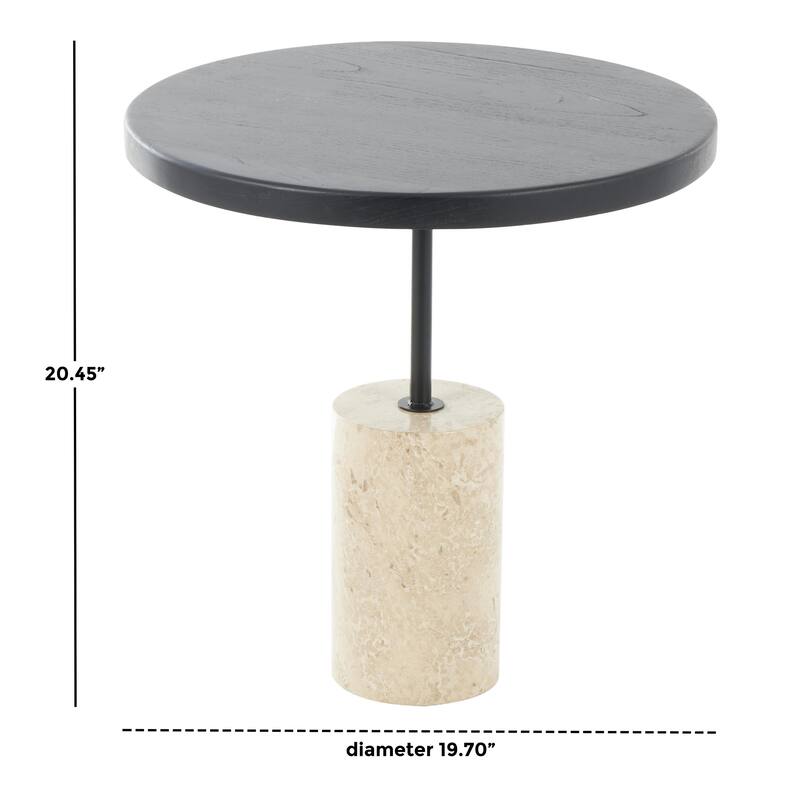 Black Wood Geometric Side End Accent Table with Ivory Marble Base