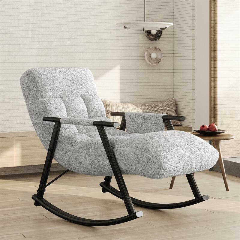 Casual Folding Rocking Chair Upholstered, Adjustable High Back - Grey Teddy