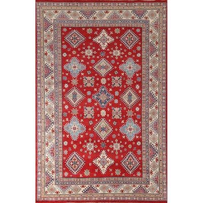 Geometric Red Kazak Area Rug Hand-Knotted Wool Carpet - 6'5" x 9'10"
