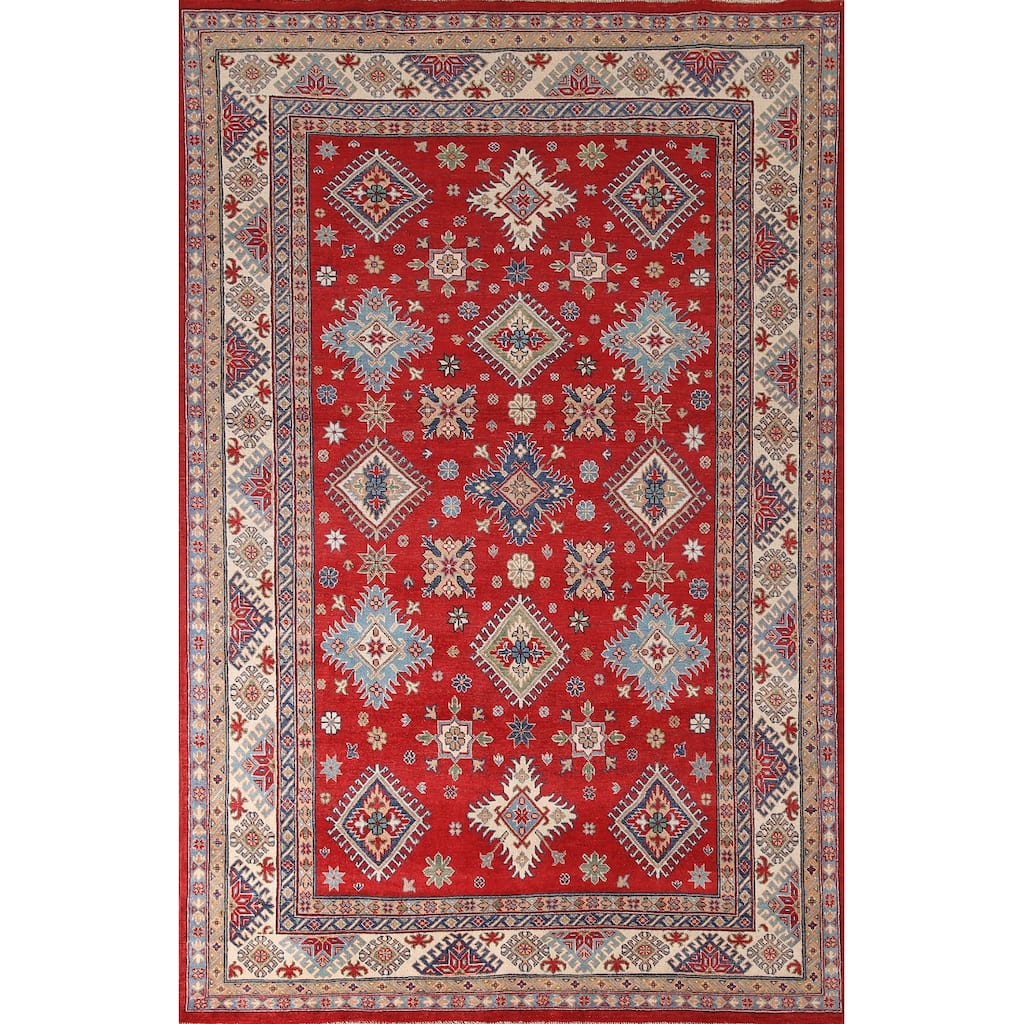 Geometric Red Kazak Area Rug Hand-Knotted Wool Carpet - 6'5" x 9'10"