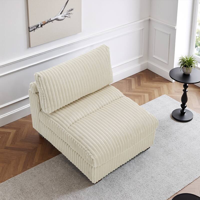33" W Plush Corduroy Armless Chair Sectional Module with Pillows - White