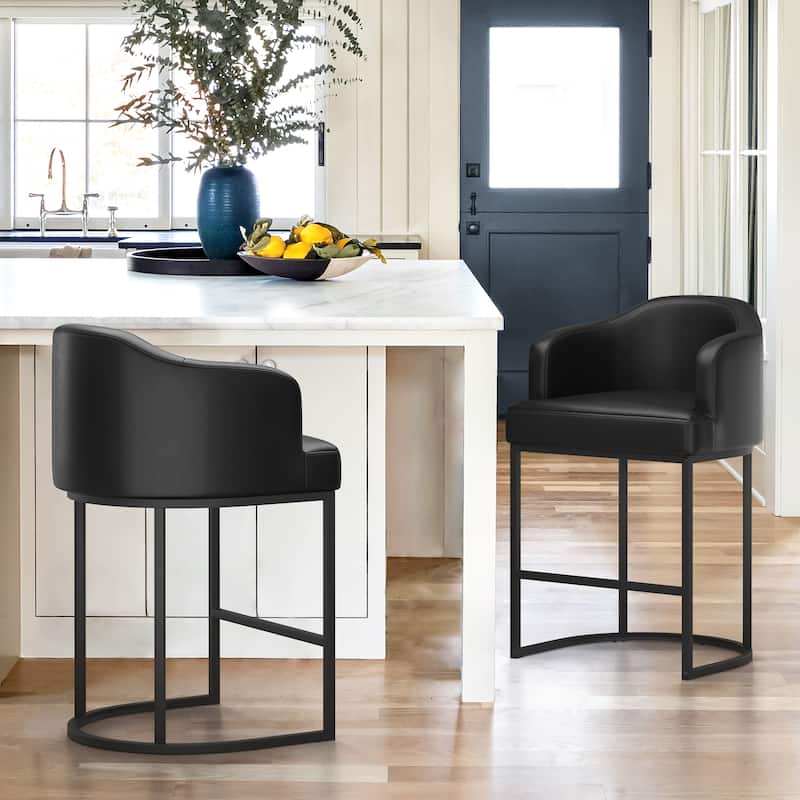 26.in Modern Set of 2 Barstool Fabric/Leather Upholstered Counter Height Stool with Metal Frame for Kitchen Island - Black/Faux Leather