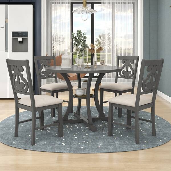 Retro 5Piece Round Dining Table Set with Exquisite Hollow Chair Back