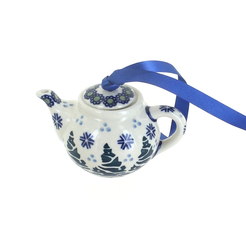 Blue Rose Polish Pottery D077 Manufaktura Teapot Ornament - Festive Fir