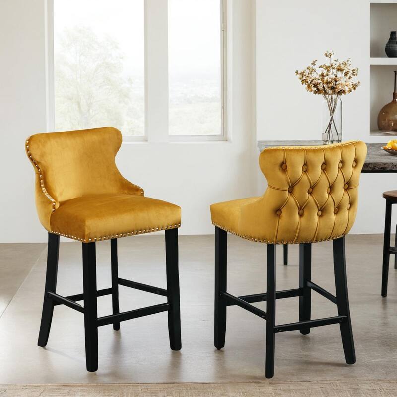 Velvet Upholstered Wing-Back Barstools and Wooden Legs, and Chrome Nailhead Trim, Leisure Style Bar Chairs,Bar stools，Set of 2 - Gold