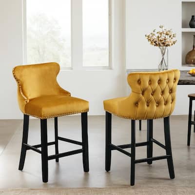 Velvet Upholstered Wing-Back Barstools and Wooden Legs, and Chrome Nailhead Trim, Leisure Style Bar Chairs,Bar stools，Set of 2