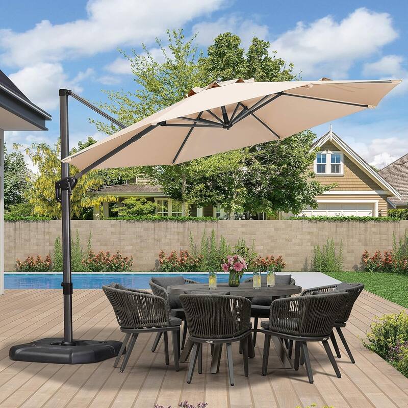 PURPLE LEAF 11 ft 360 Degree Rotation Patio Cantilever Umbrella With Base - Beige