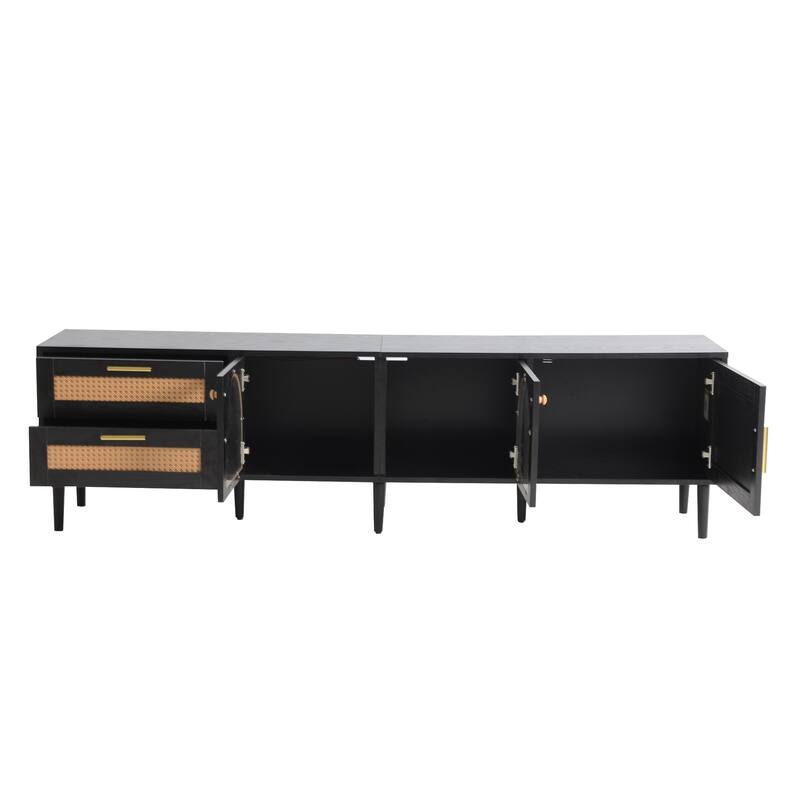 Modern Rattan TV Stand, Media Console, for TVs up to 80" with 3 Cabinets 2 Drawers and LED Lights, for Living Room, Bedroom