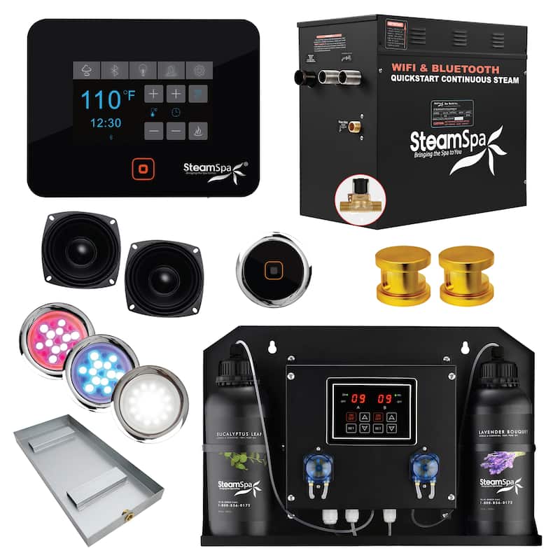 Black Series WiFi and Bluetooth 10.5kW QuickStart Steam Bath Generator Package with Dual Aroma Pump in Gold - Gold