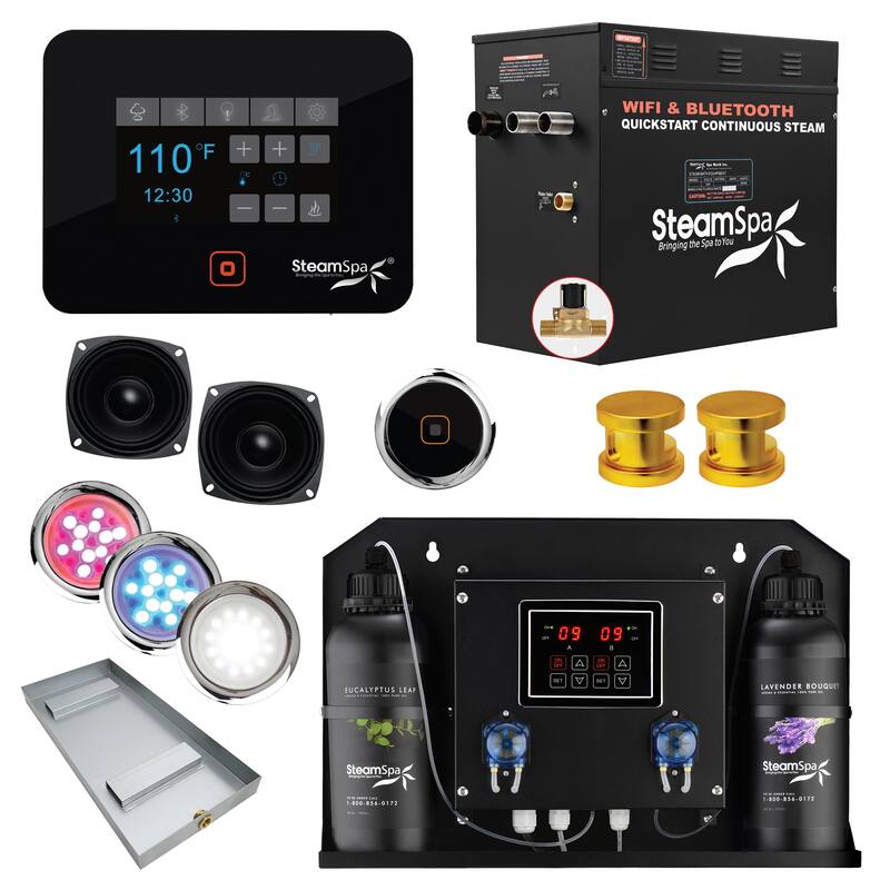 Black Series WiFi and Bluetooth 12kW QuickStart Steam Bath Generator Package with Dual Aroma Pump in Gold - Gold