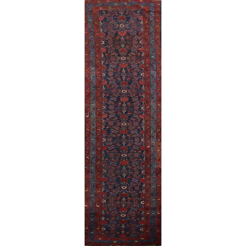 Hand Knotted Oriental 100% Wool Carpet Traditional Floral Navy Blue & Blues Malayer Runner Rug - 16' 3'' X 3' 8''