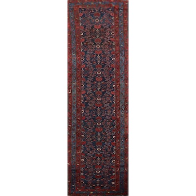Hand Knotted Oriental 100% Wool Carpet Traditional Floral Navy Blue & Blues Malayer Runner Rug - 16' 3'' X 3' 8''