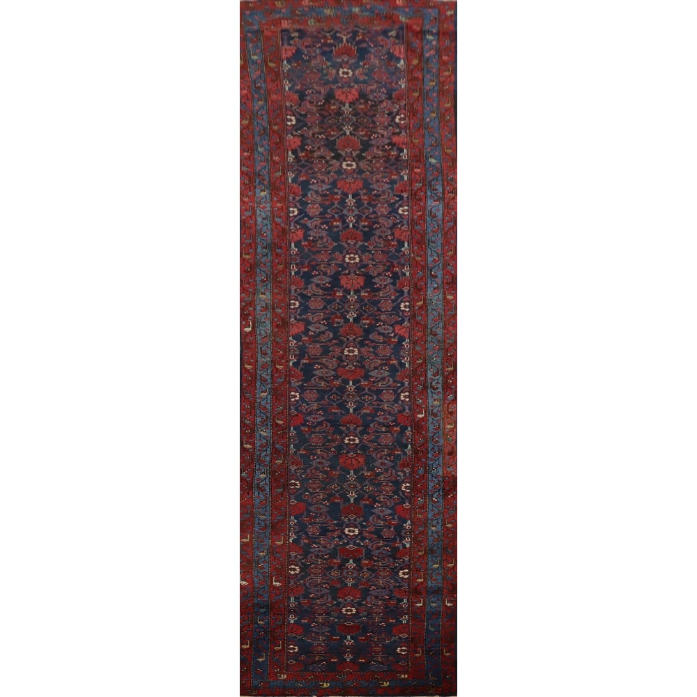 Hand Knotted Oriental 100% Wool Carpet Traditional Floral Navy Blue & Blues Malayer Runner Rug - 16' 3'' X 3' 8''