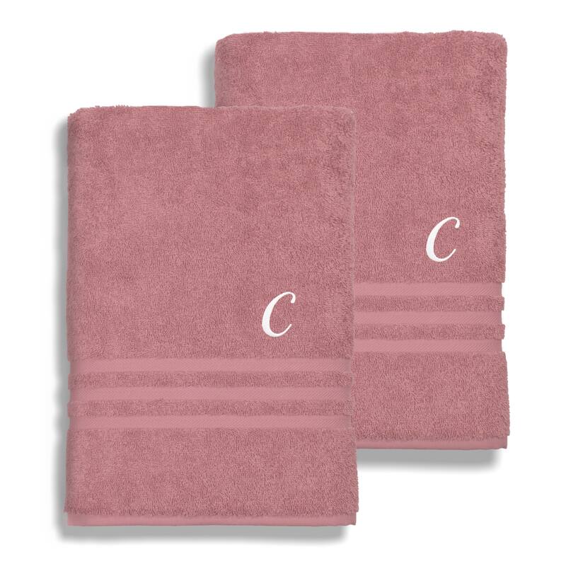 Authentic Hotel and Spa Omni Turkish Cotton Terry Set of 2 Tea Rose Bath Towels with White Script Monogrammed Initial - C