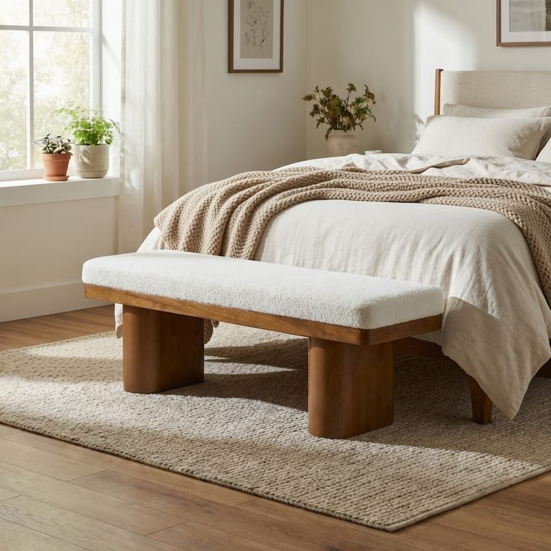 Christopher Knight Home - Monteria Modern 55.12" Upholstered Bench with Sculptural Cylindrical Wooden Leg & Padded Seat - Beige+Chenille