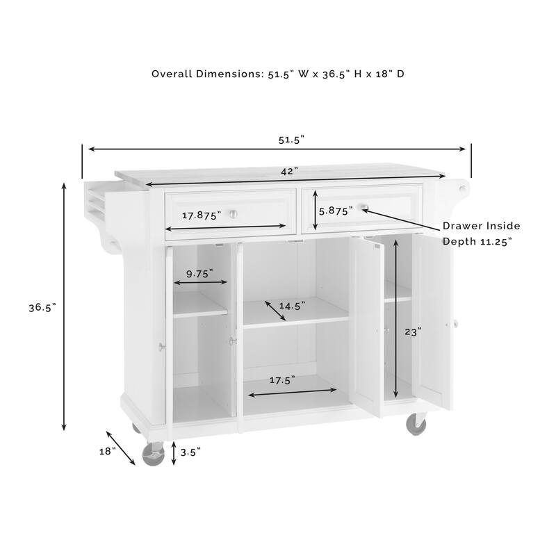 Kitchen Cart with Granite Top - Full Size Rolling Utility Island - Modern White Kitchen Storage