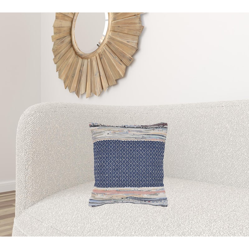 HomeRoots 18" X 18" Blue White Red And Yellow 100% Cotton Striped Zippered Pillow