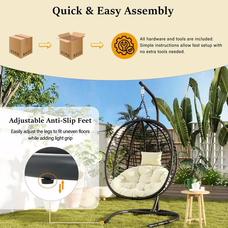 Single Person Folding Egg Chair with Stand, Indoor Outdoor Hanging Wicker Swing Chair with Adjustable Feet