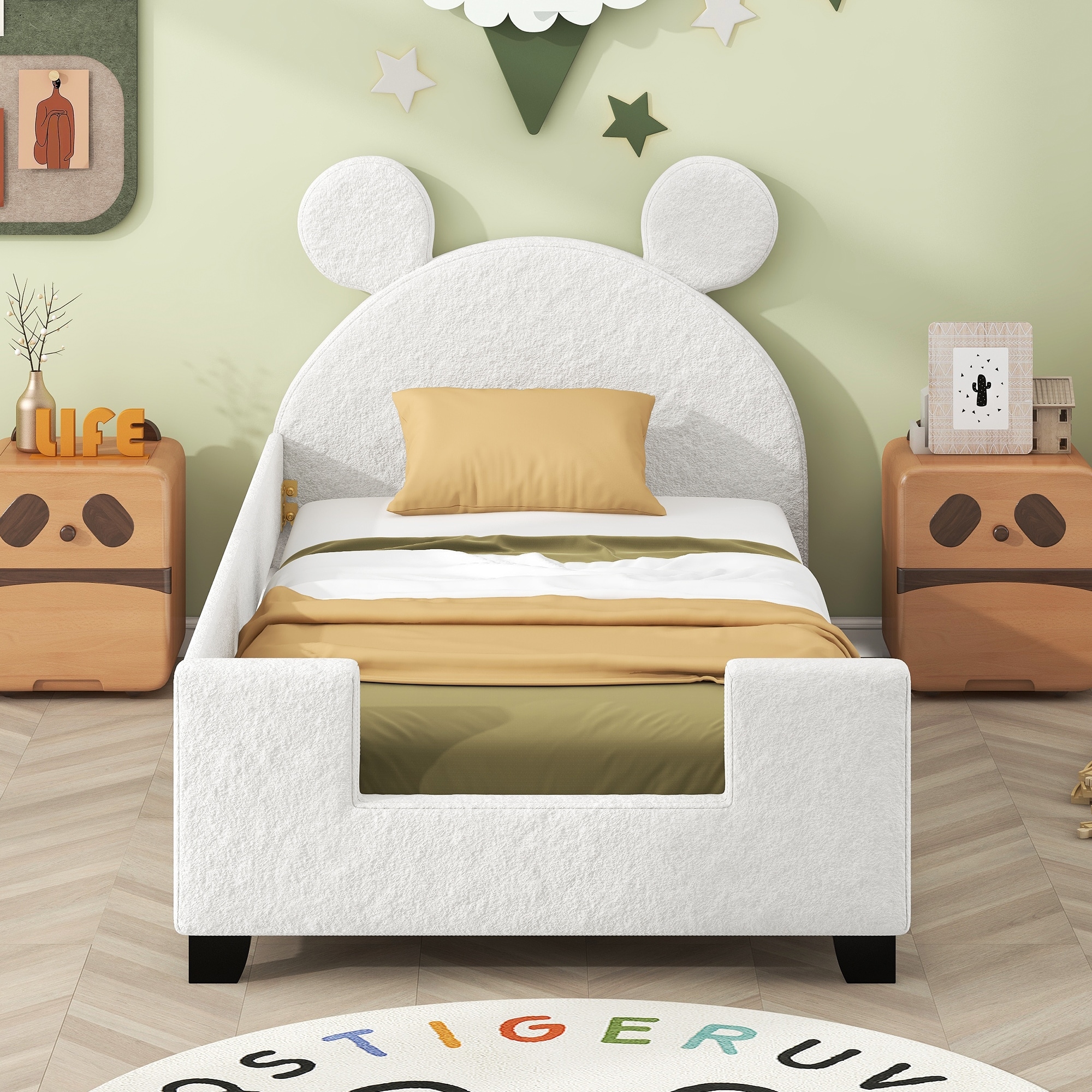 Teddy Fleece Twin Size Upholstered Daybed with Carton Ears Shaped