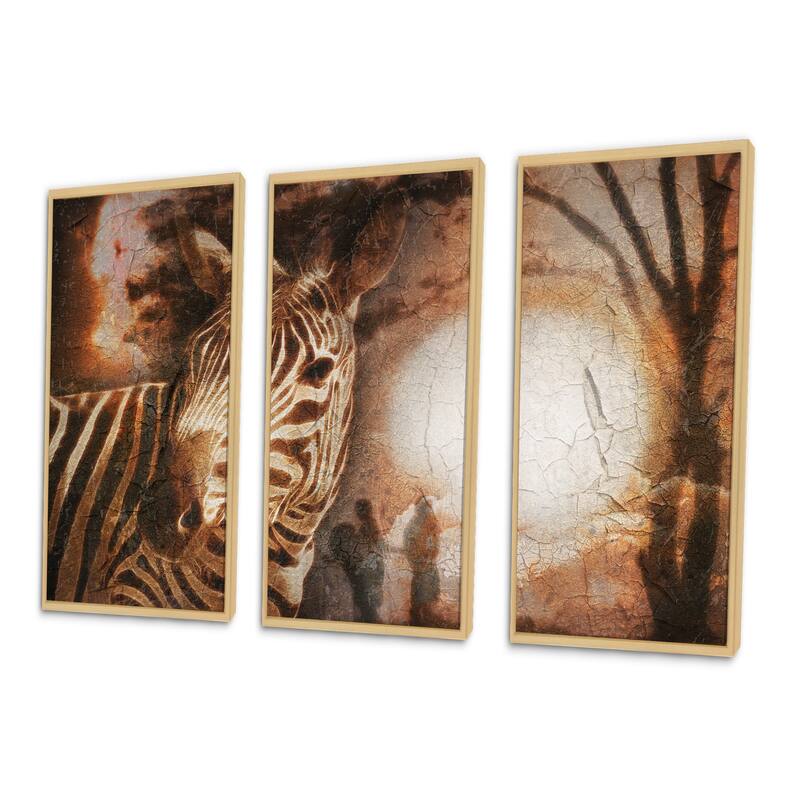 Designart "Vintage Style African Zebra" Animal Framed Art Prints Set of