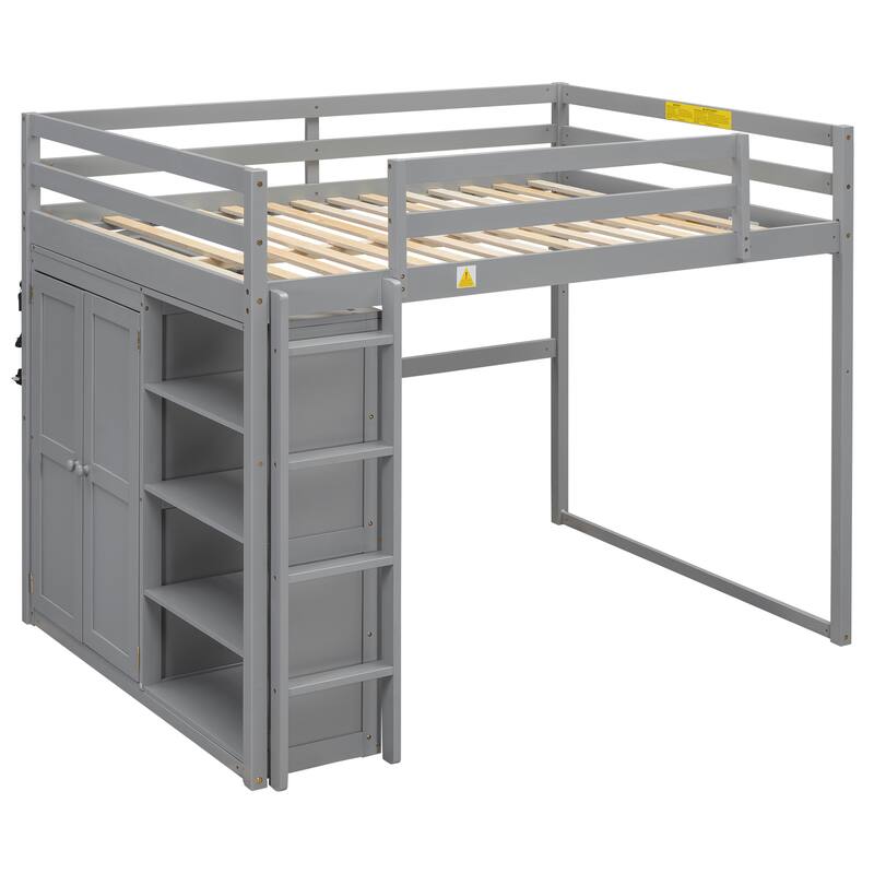 Full Size Loft Bed with Built-in Wardrobe, Storage Shelves & LED Lighting, Space-Saving Gray Wood Design