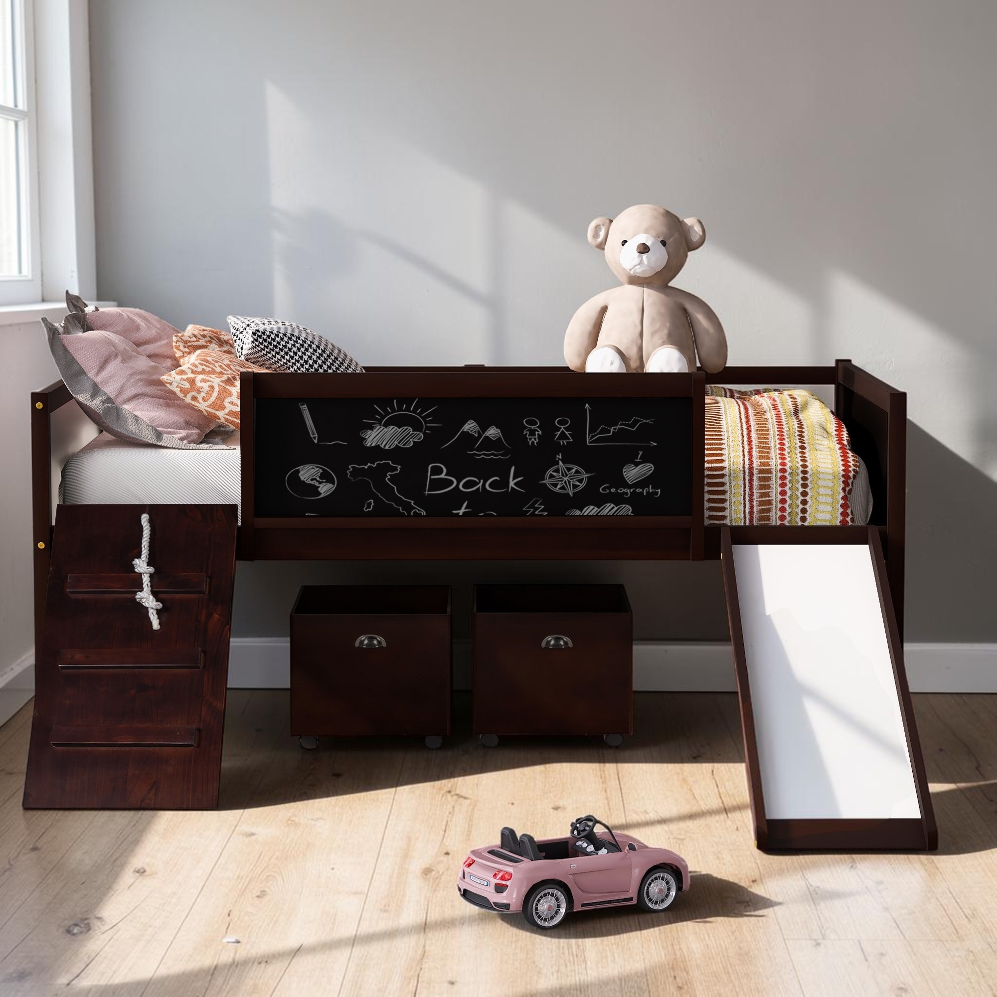 Twin Wood Loft Bed with Slide, Climbing Rope, Chalkboard Panels and Storage Boxes