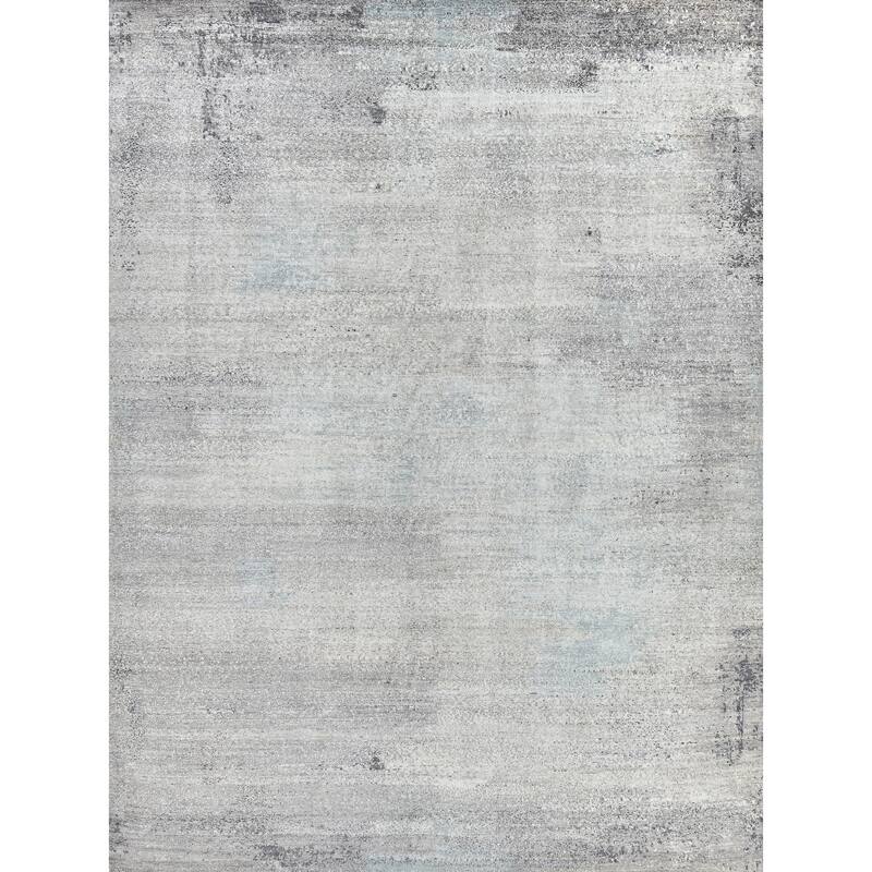 EXQUISITE RUGS Fine Pure Silk Hand-knotted Silk Ivory/Dark Grey/Multi Area Rug.