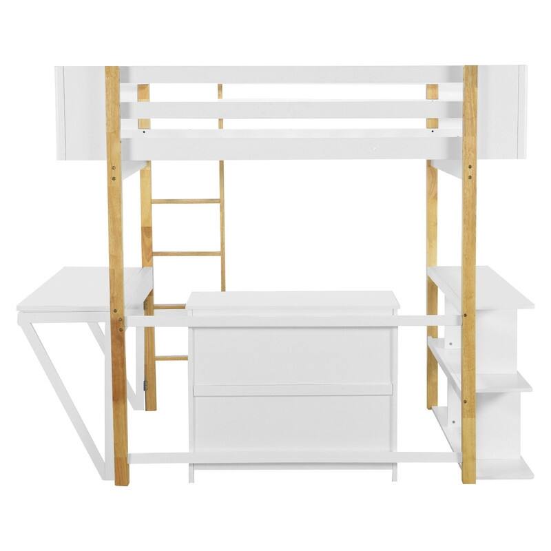 Wood Loft Bed With Built-in Storage Cabinet,Cubes and Foldable desk