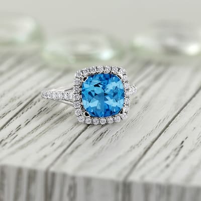 Auriya 2 3/4ct Cushion-cut Swiss Blue Topaz and Halo Diamond Engagement Ring 1/2cttw 14k Gold
