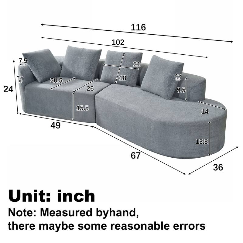 116" Curved Sectional Sofa with Chaise Lounge - High-Density Sponge Cushions, 2-Piece Set, Right-Hand Facing, Fully Assembled