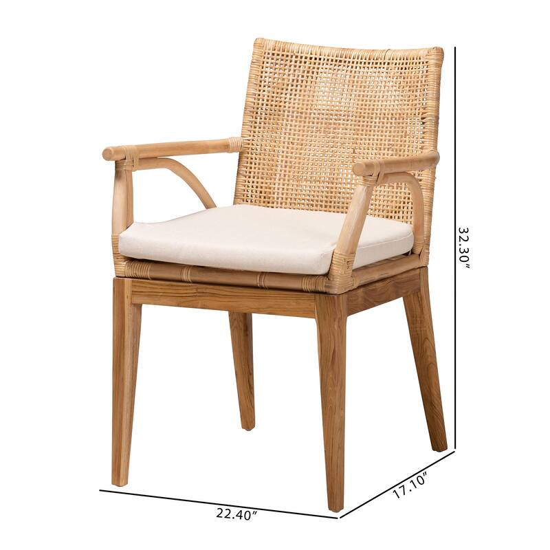 Storsel Modern Bohemian Natural Brown Finished Teak Wood and Rattan Dining Chair with Cream Fabric Cushion