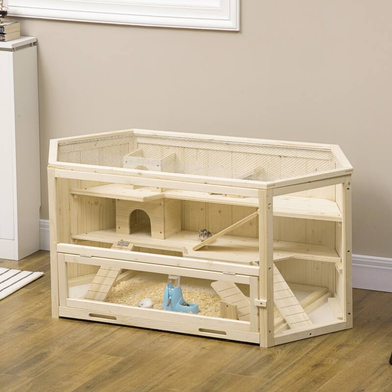 Large 3-Tier Hamster Cage with Clear Walls and Solid Wood Frame Toys and Hideouts for Small Pets - 45.25" L x 23.5" W x 21.75" H